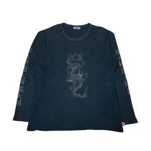 Vintage 90s YMLA Dragon Kanji Thermal Waffle Knit Top Men's Medium Y2K Grunge